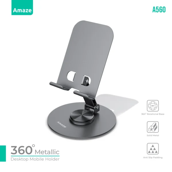 Amaze A560 Gray Aluminum Desktop Phone Stand – 360° Base