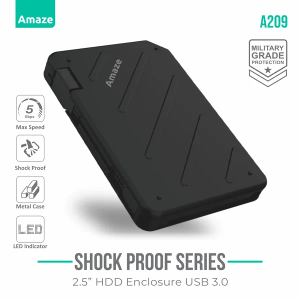 Amaze A209 USB 3.0 Enclosure for 2.5″ SATA HDDs & SSDs — Silicone Shell, Metal Frame