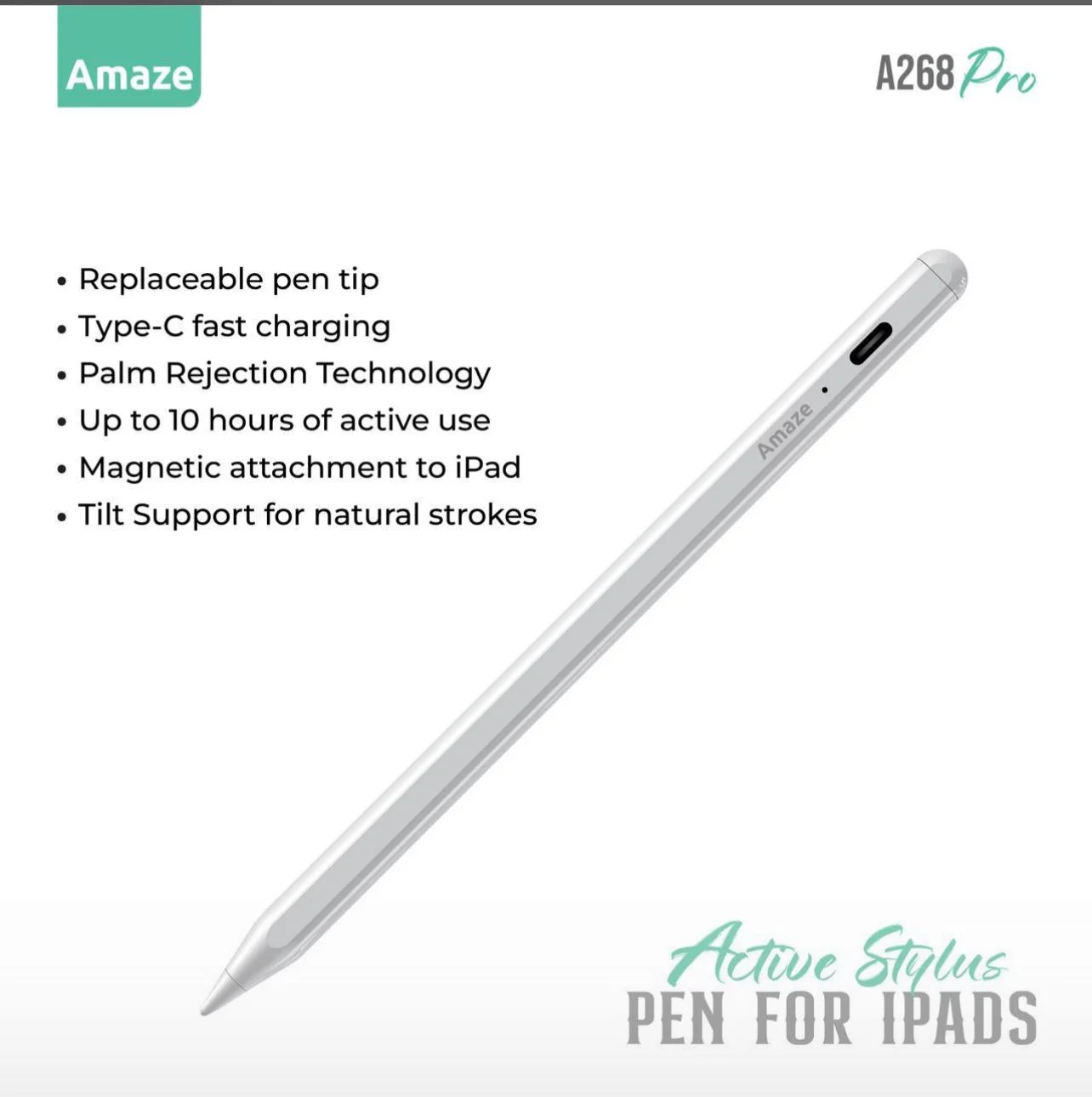 Amaze A268 Pro iPad Active Pen — POM Tip & 30-Min Type-C