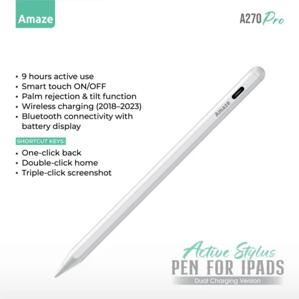 Amaze A270 Pro iPad Stylus — 130 mAh, Tilt & Shortcut Button