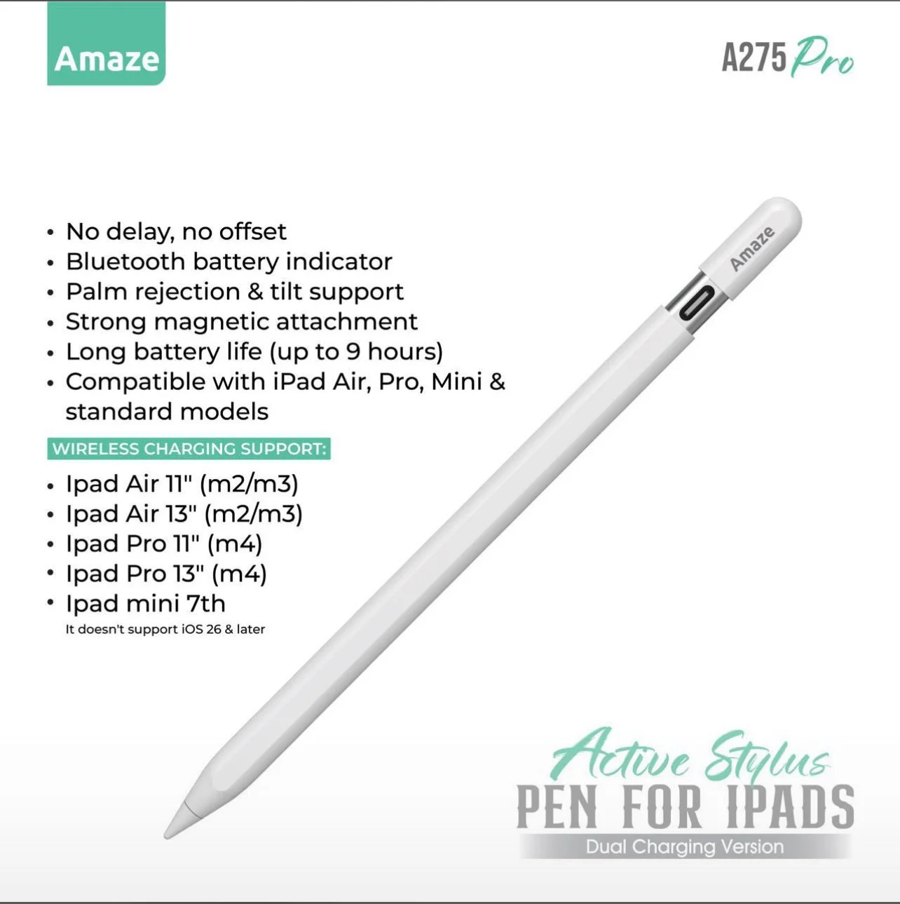 Amaze A275 Pro iPad Active Stylus — Bluetooth Battery & Wireless Charge