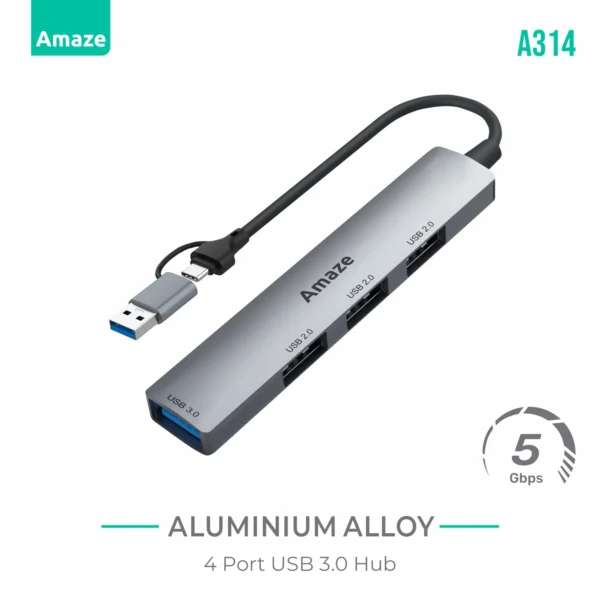 Amaze A314 Four-Port USB 3.0 Hub – Dual USB-A and Type-C Input
