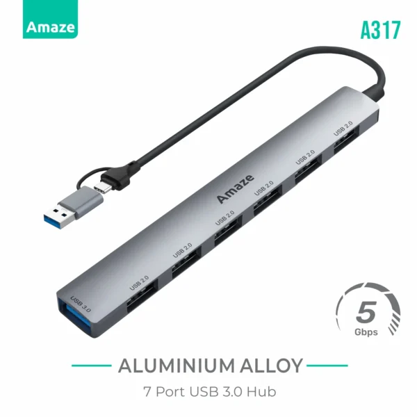 Amaze A317 Seven-Port USB 3.0 Hub – USB-A and Type-C Host