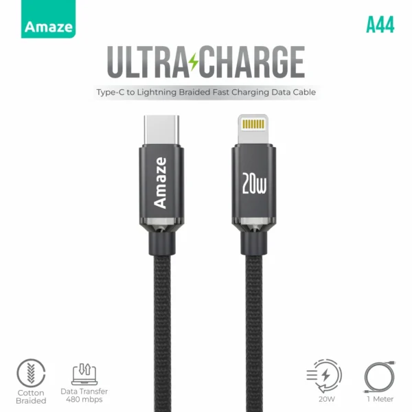 Amaze A44 Ultra Charge Type-C to Lightning Cable — 20W PD, 1 m