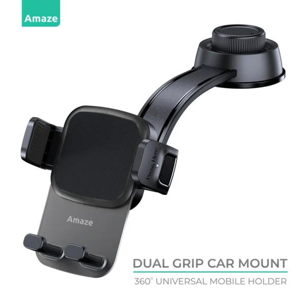 Amaze A590 Dual Grip Car Phone Mount – Black, 360° Suction