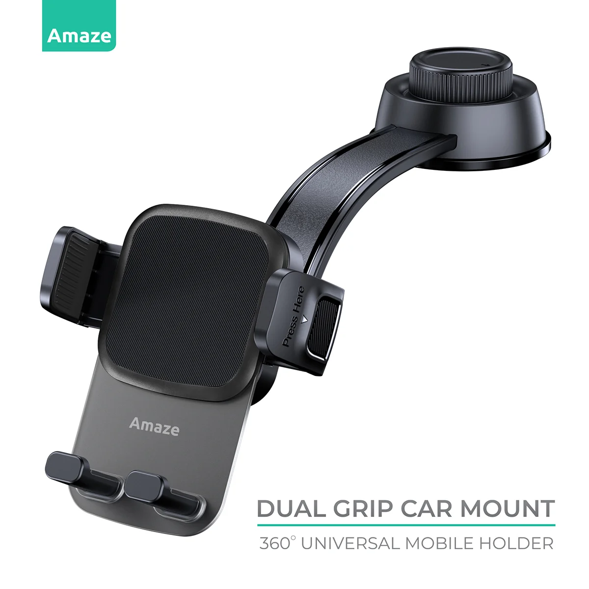 Amaze A590 Dual Grip Car Phone Mount – Black, 360° Suction