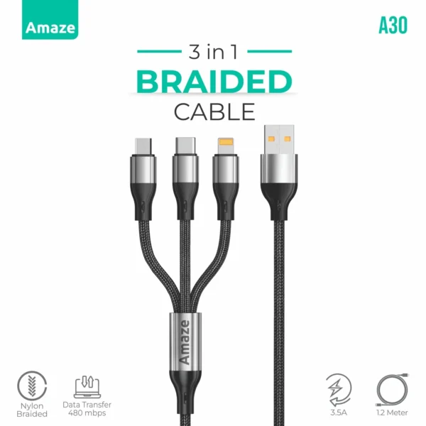 Amaze A30 USB Cable — Micro, USB-C & Lightning Tips, 3.5A, 1.2m