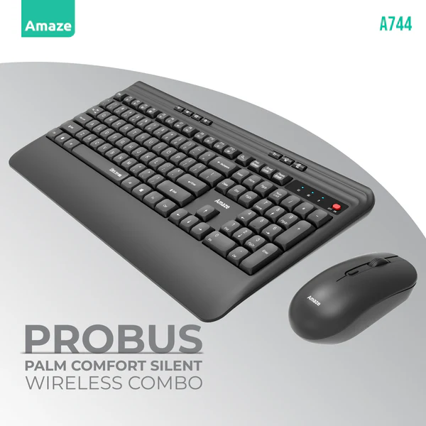 Amaze Probus A744 Silent Wireless Keyboard & Mouse — Built-In Palm Rest