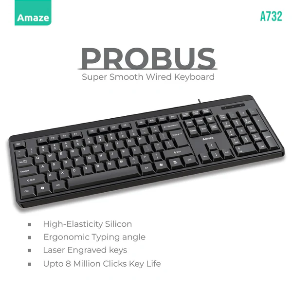 Amaze A732 Probus Wired Keyboard — Ergonomic Black USB 2.0