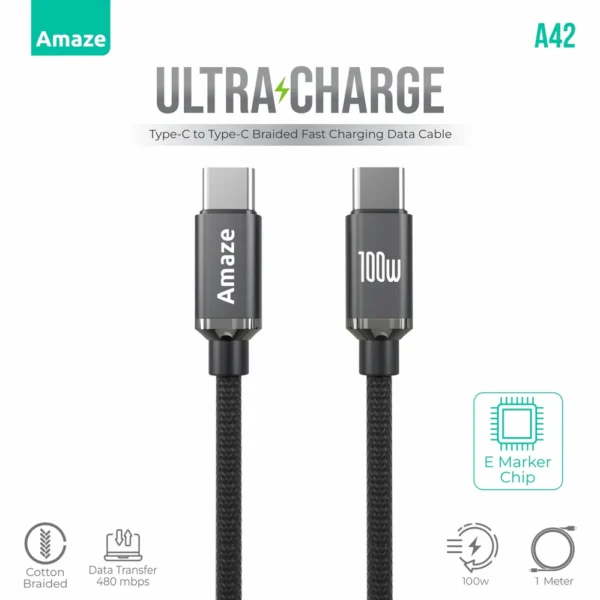 Amaze Ultra Charge A42 — Type-C to Type-C Cable, 100W PD, 1 m
