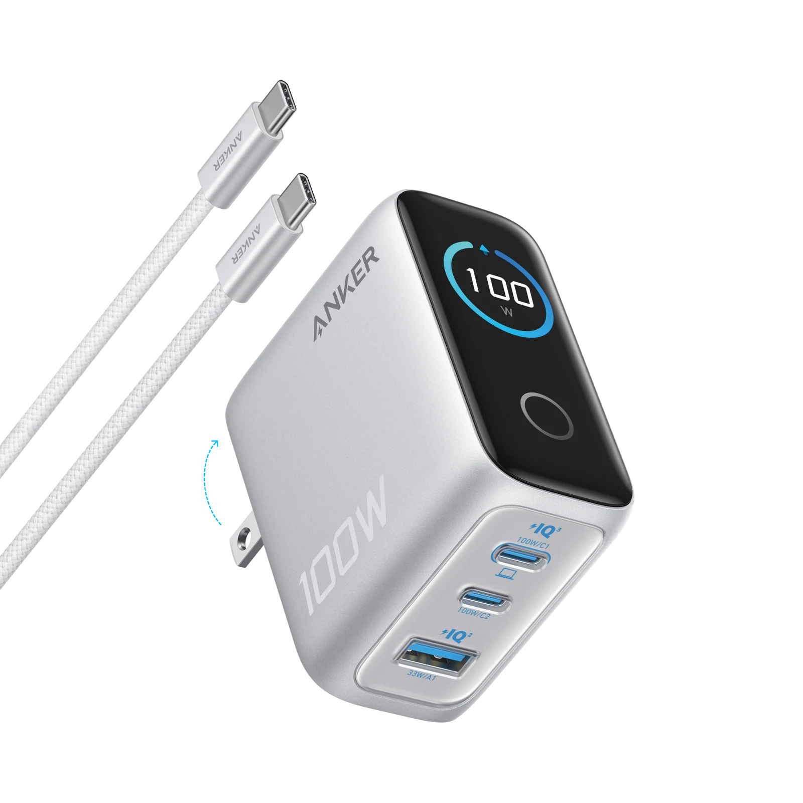 Anker B121B Smart Display Charger — 100W GaN, Three Ports