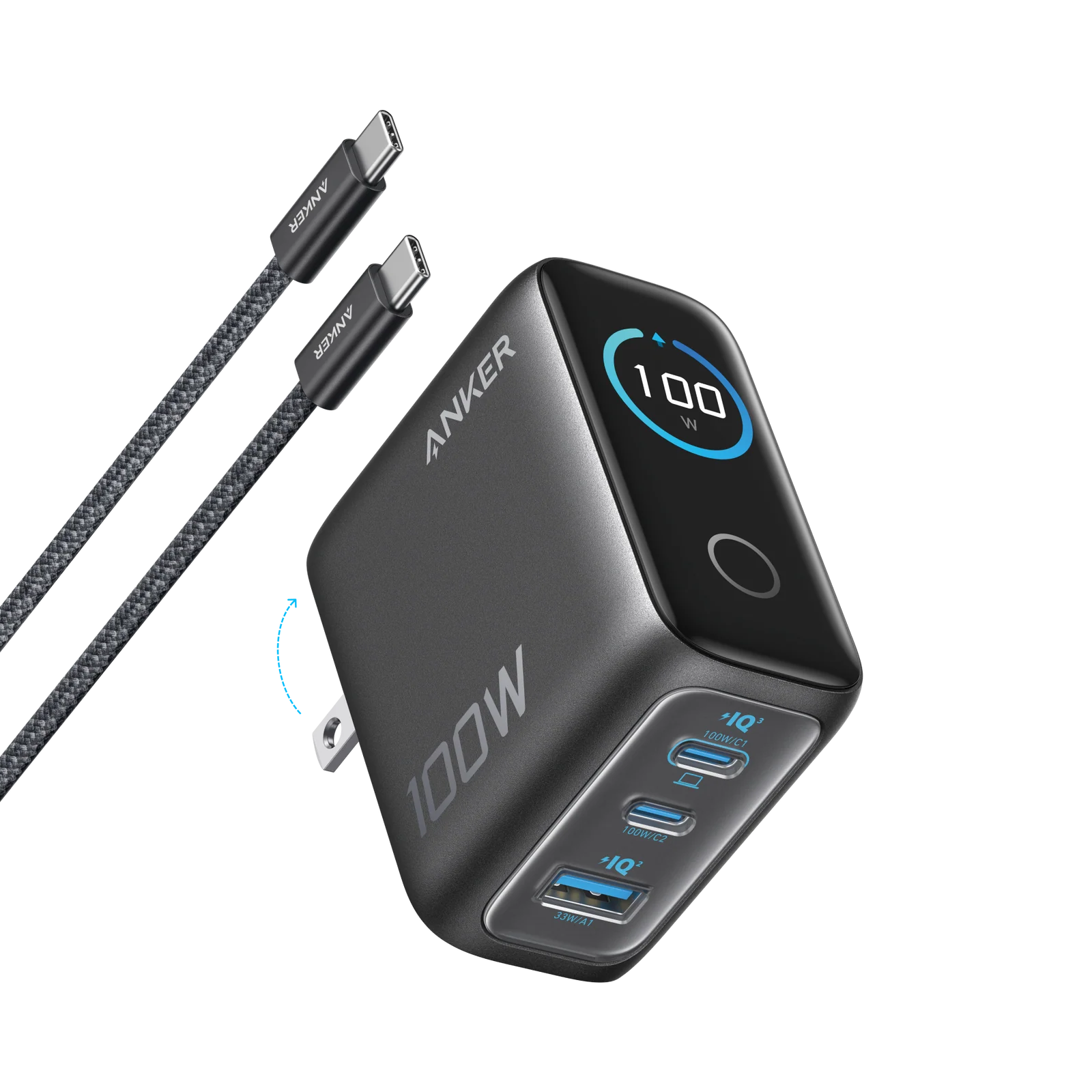 Anker B121B Smart Display Charger — 100W GaN, Three Ports