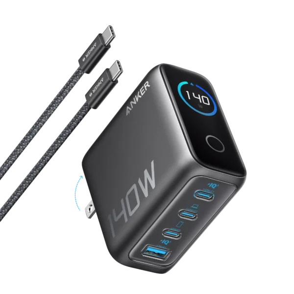 Anker Zolo GaN Charger B2697 – 140 W Total, 3× USB-C + USB-A, Compact 69 mm Square