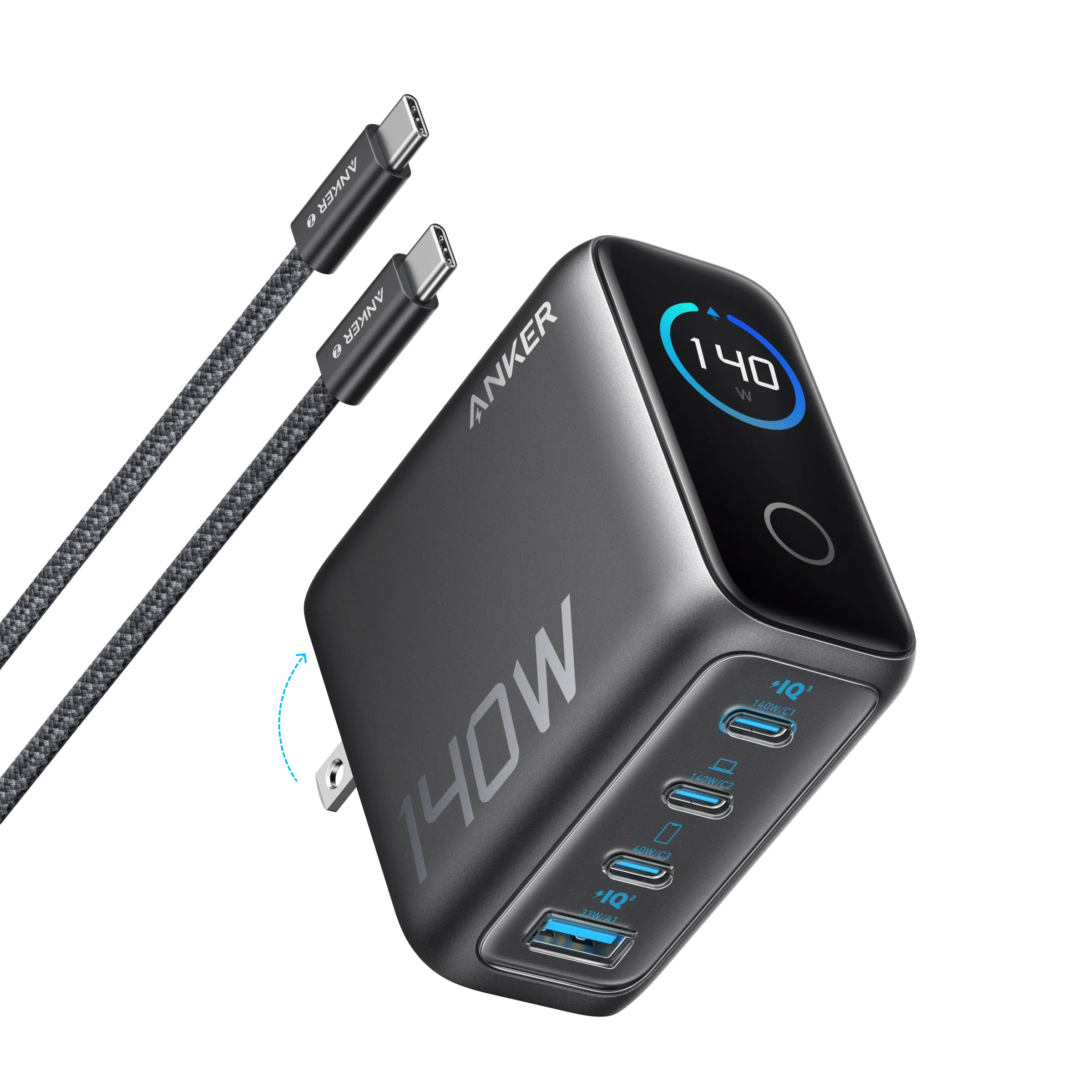 Anker Zolo GaN Charger B2697 – 140 W Total, 3× USB-C + USB-A, Compact 69 mm Square