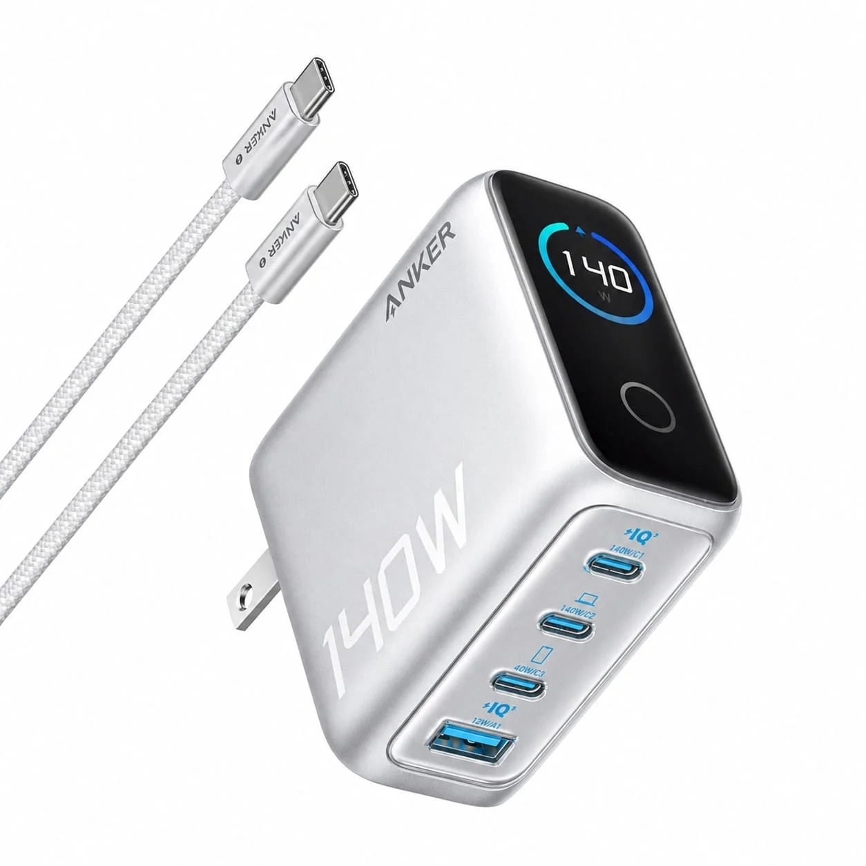 Anker Zolo GaN Charger B2697 – 140 W Total, 3× USB-C + USB-A, Compact 69 mm Square