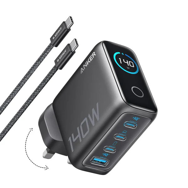 Anker Zolo GaN Charger B2697 – 140 W Total, 3× USB-C + USB-A, Compact 69 mm Square