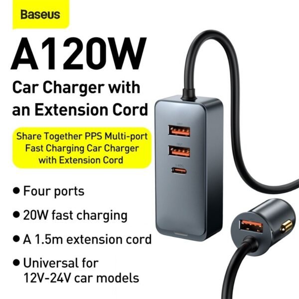 Baseus 120W In-Car USB-C Charger — PD & QC 3.0, 4 Ports