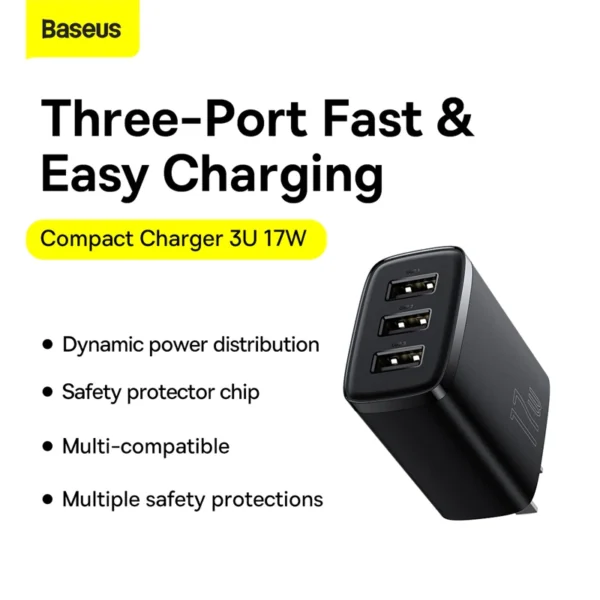 Baseus 17W Wall Adapter — Triple USB Compact Fast Charge