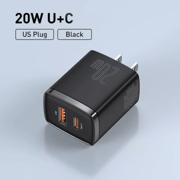 Baseus Compact Quick Charger — 20 W Dual USB-A + Type-C PD/QC Adapter