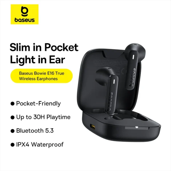 Baseus Bowie E16 Wireless Earbuds — 5.3 Link, Waterproof In-Ear, 30-Hour Runtime