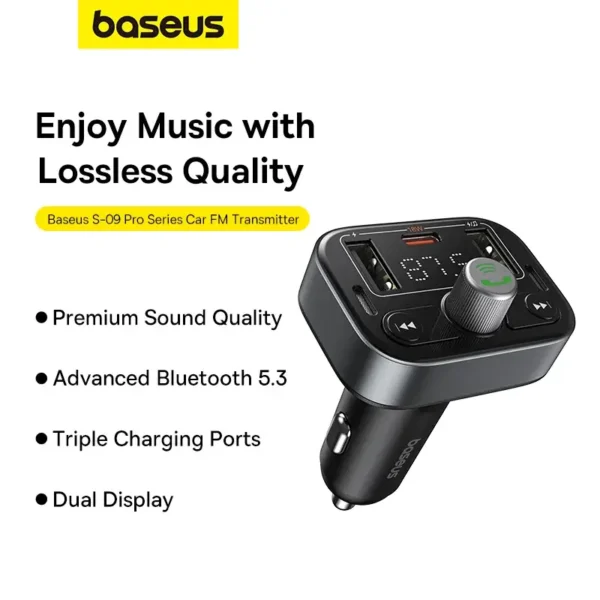 Baseus S-09 Pro — In-Car FM Audio Adapter with Bluetooth 5.3 and 18W PD Dual USB