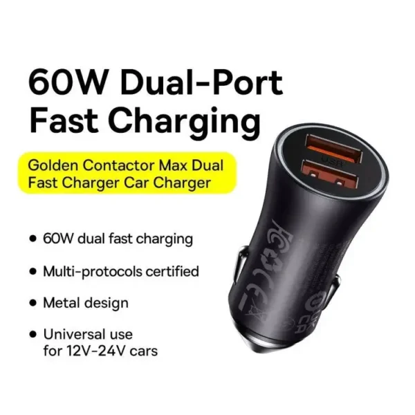 Baseus CCJDZ-MU 60W In-Car Charger — Dual 30W USB-C PD and USB-A QC