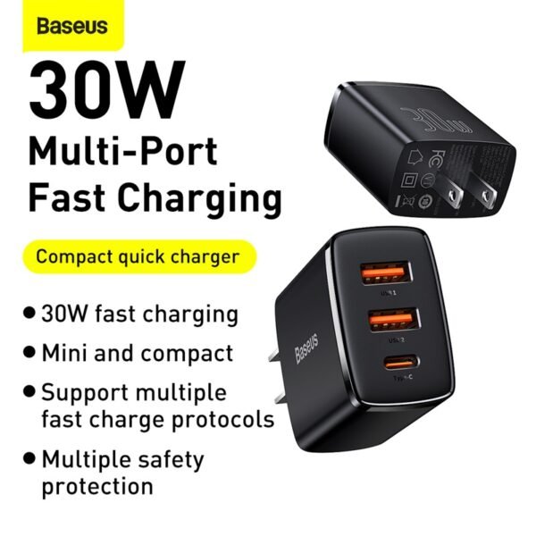 Baseus CCCP30UE Compact Charger — 30W Type-C & Dual USB-A