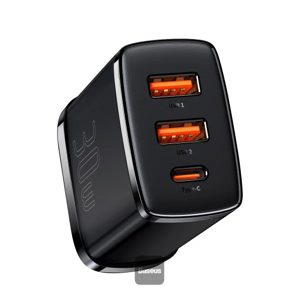 Baseus Compact Quick 30 W GaN-Style Wall Adapter (2× USB-A + USB-C) — CN Black