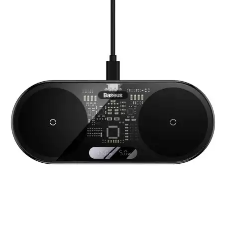 Baseus Universal Black 2-in-1 Wireless Pad — 20W LED Readout, Dual-Coil