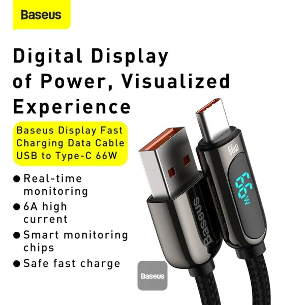 Baseus Display USB to Type-C Cable 66W | Live Power Readout, 480 Mbps