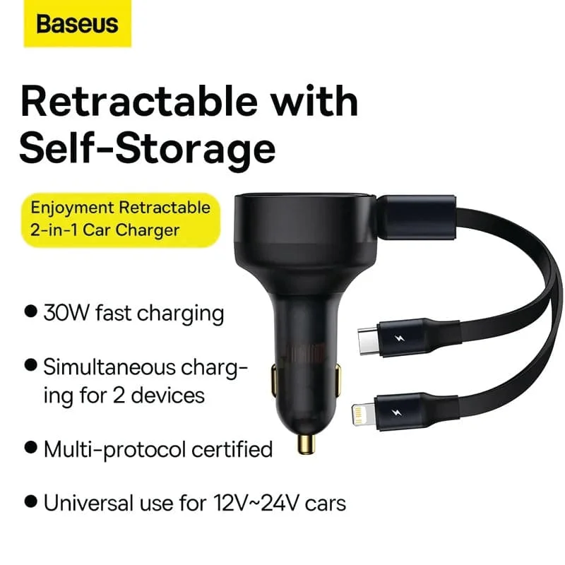 Baseus CCTX-CL Enjoyment Retractable Charger – 30W USB-C & 25W Lightning for 12–24V Vehicles, Black