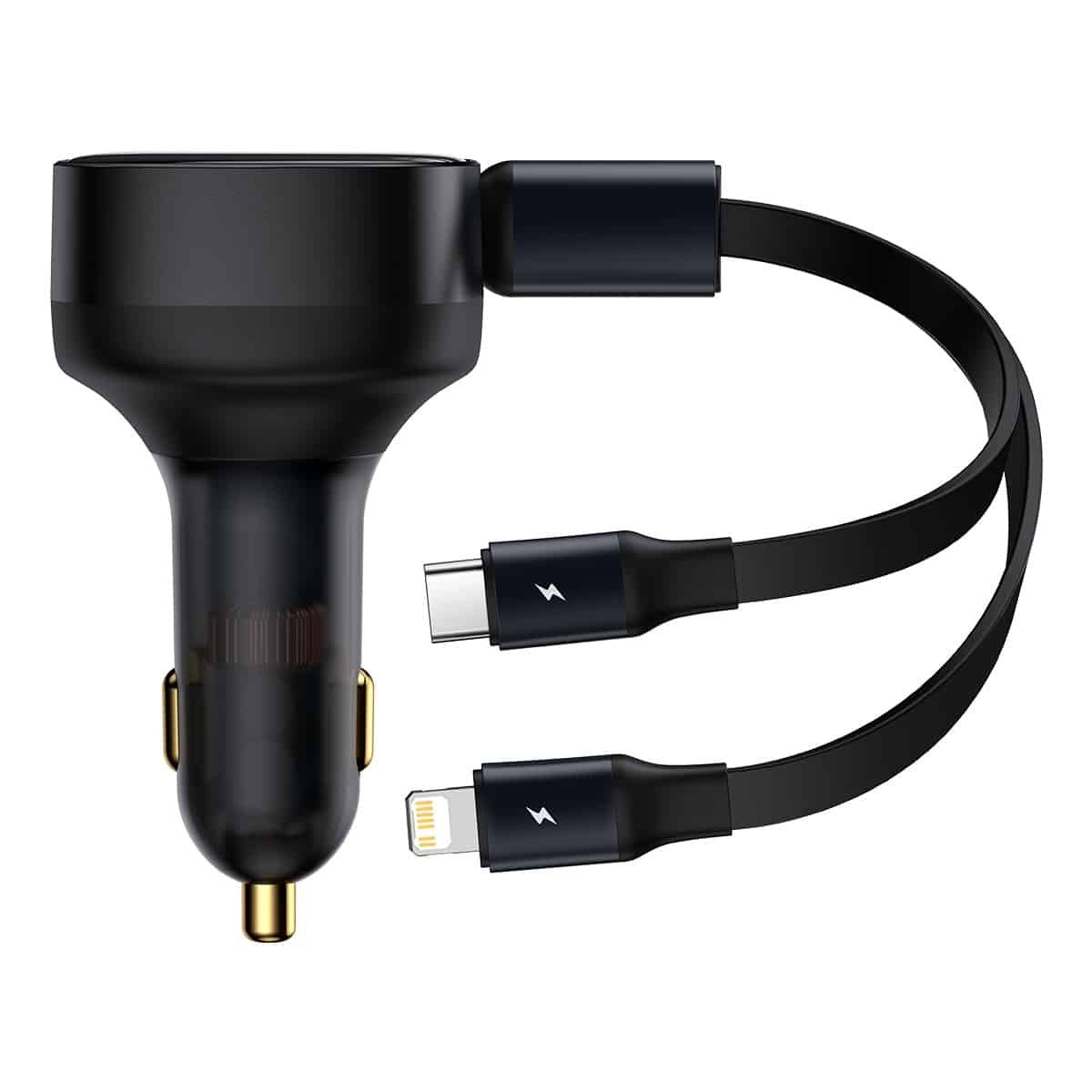 Baseus CCTX-CL Enjoyment Retractable Charger – 30W USB-C & 25W Lightning for 12–24V Vehicles, Black