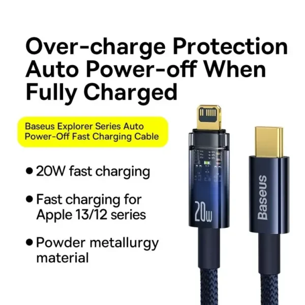 Baseus Explorer Type-C to iPhone Cable – 20W Fast Charge, Auto Shut-Off