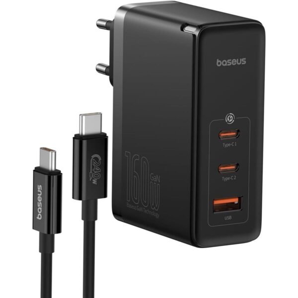 Baseus GaN5 Pro 160W 2C+U Digital Charger & 240W USB-C Cable — Black