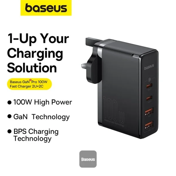 Baseus GaN5 Pro 100W Wall Adapter — UK 4-Port (2 USB-C + 2 USB-A) with 1m Type-C Cable