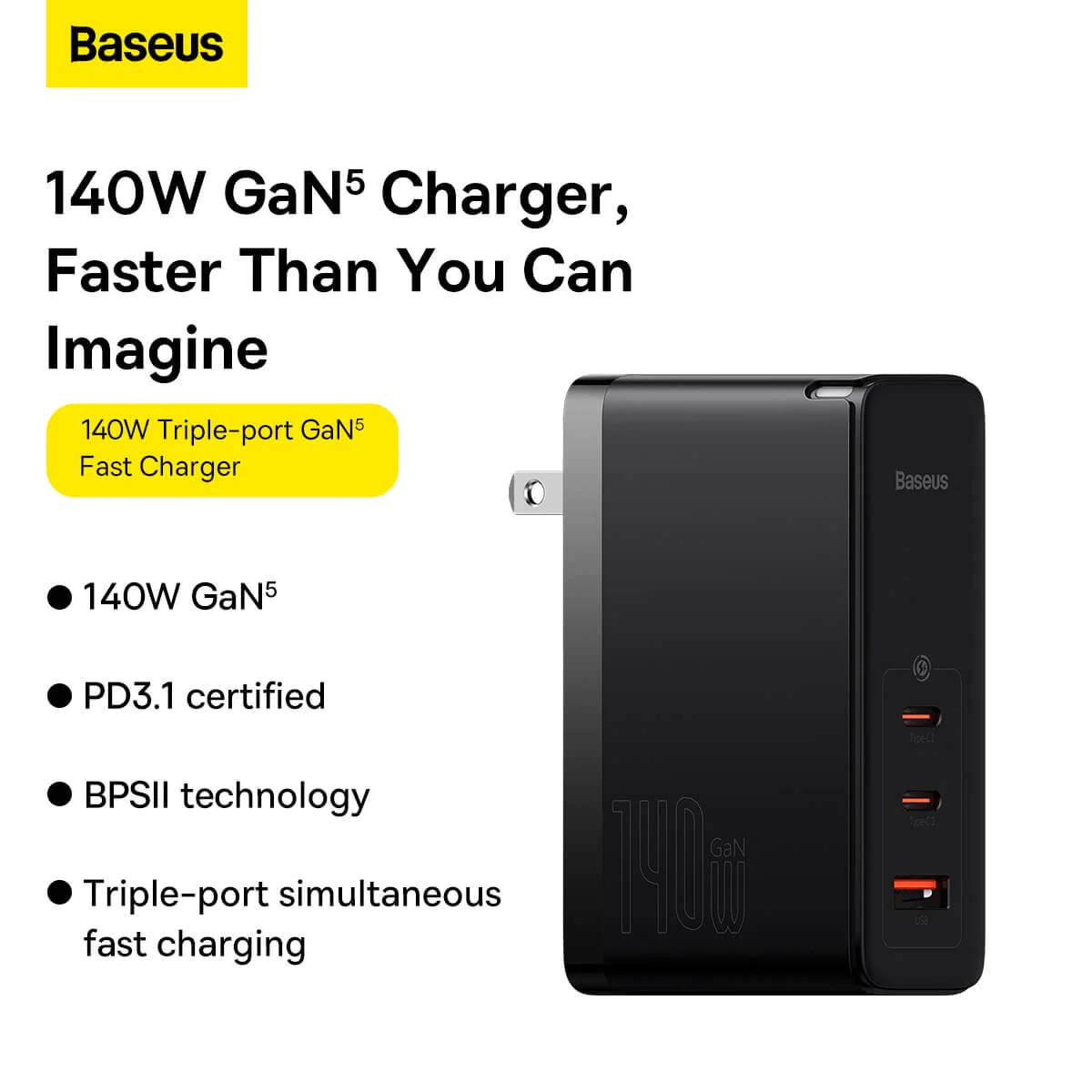Baseus GaN5 Pro 140W Charger (2× Type-C + USB-A) with 240W Superior Series Type-C Cable