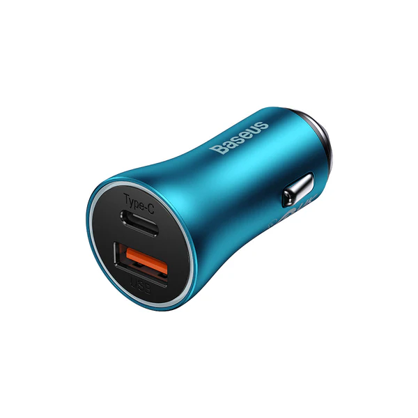 Baseus Golden Contactor Max — 60W Blue Dual-Port Car Charger (USB + Type-C)