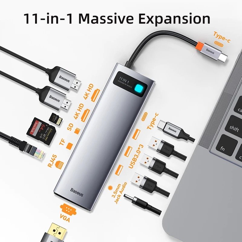 Baseus Metal Gleam 11-in-1 USB-C Hub — HDMI, Ethernet & Card Reader
