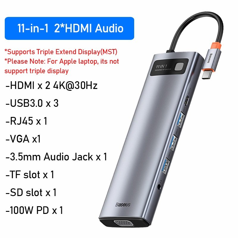 Baseus Metal Gleam 11-in-1 USB-C Hub — HDMI, Ethernet & Card Reader