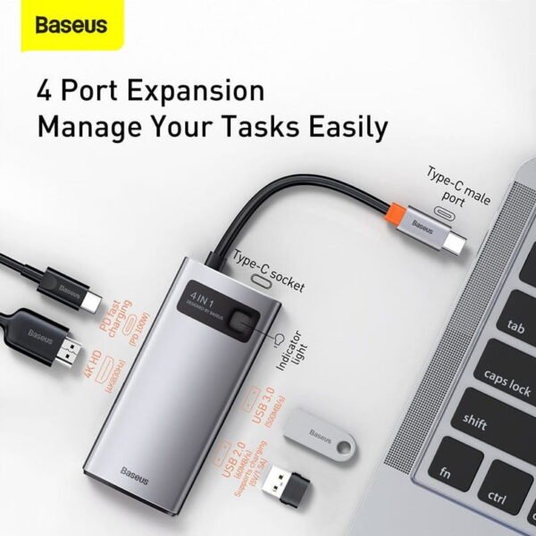 Baseus Metal Gleam CAHUB-CY0G — 4-in-1 Type-C Hub Dock with PD Pass-Through & 4K30 Display