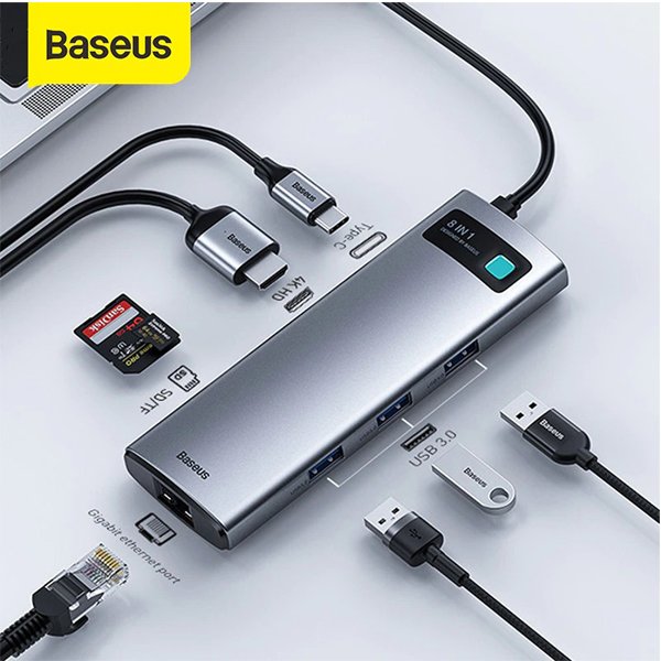 Baseus CAHUB-CV0G Metal Gleam 8-Port USB-C Dock — PD 100W, Gigabit LAN