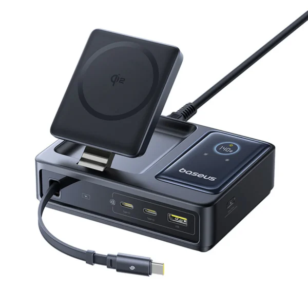 Baseus Nomos Qi2 140W Desktop Hub — 5-Device Charging with Retractable 100W USB-C