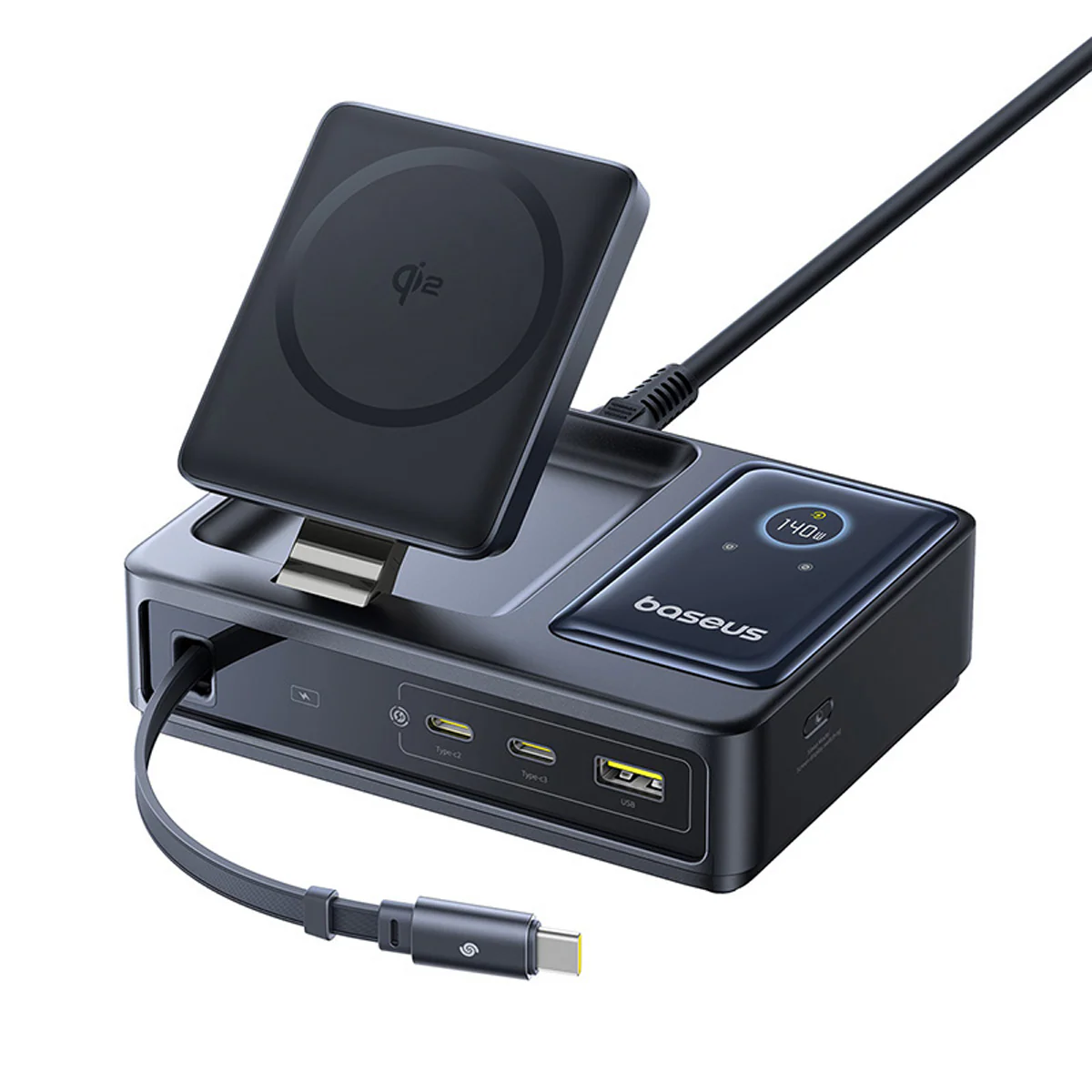 Baseus Nomos Qi2 140W Desktop Hub — 5-Device Charging with Retractable 100W USB-C