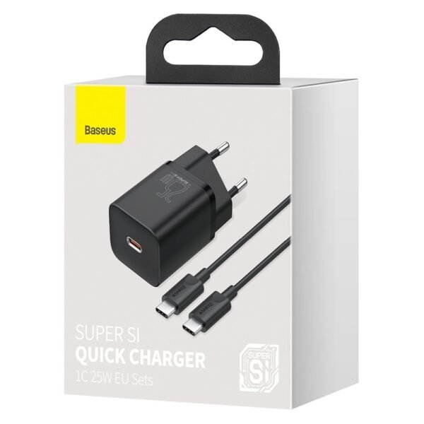 Baseus Super Si 25W PD USB-C Charger Kit – 1m Type-C Cable (3A, Black)