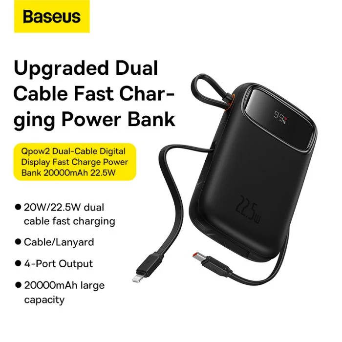 Baseus Qpow2 10000mAh 22.5W — Dual Built-In Cables & Digital Readout