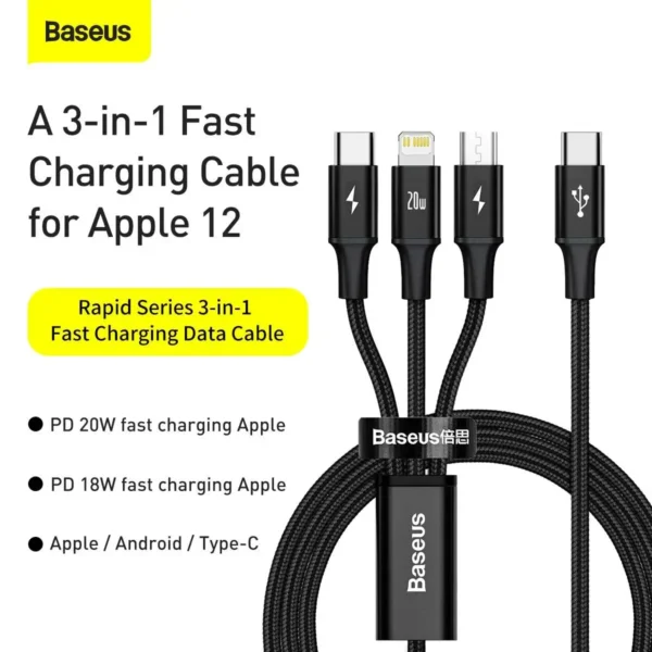 Baseus Rapid Series 1.5m 3-in-1 Cable — Type-C Input to Micro, Lightning & Type-C (PD 20W)