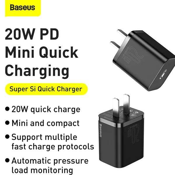 Baseus Super Si 20W PD Type-C Charger — Foldable CN Plug for Apple iPhone 12