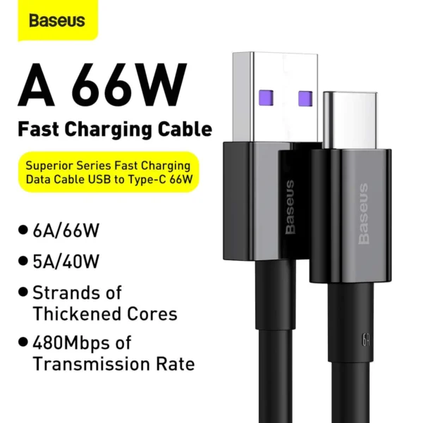 Baseus Superior Series 1m USB–Type-C Cable — 66W (6A) Fast Charge