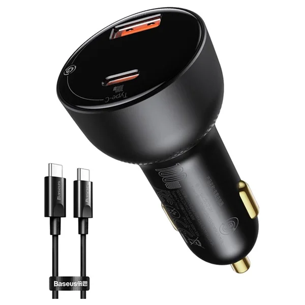 Baseus Superme CCZX-01 100W PPS Dual Car Charger — Display, USB-C Cable (Black)
