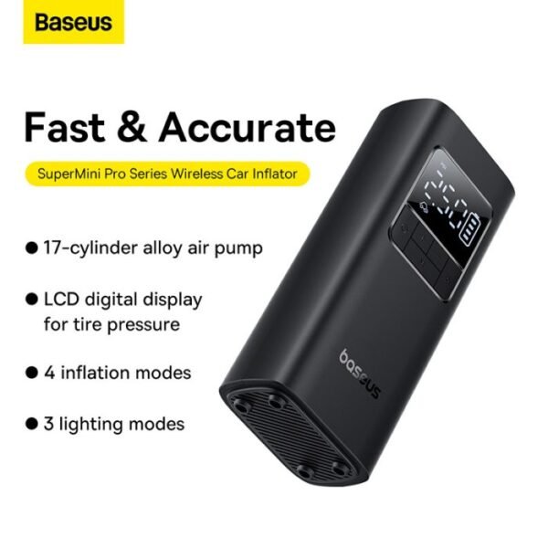 Baseus SuperMini Pro Cordless Inflator, Cluster Black – Preset Pressure & 50 W Motor